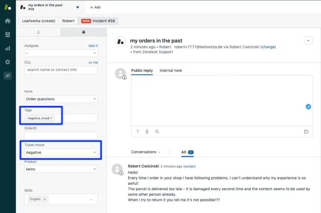 Zendesk NLP processing example for detecting ticket mood