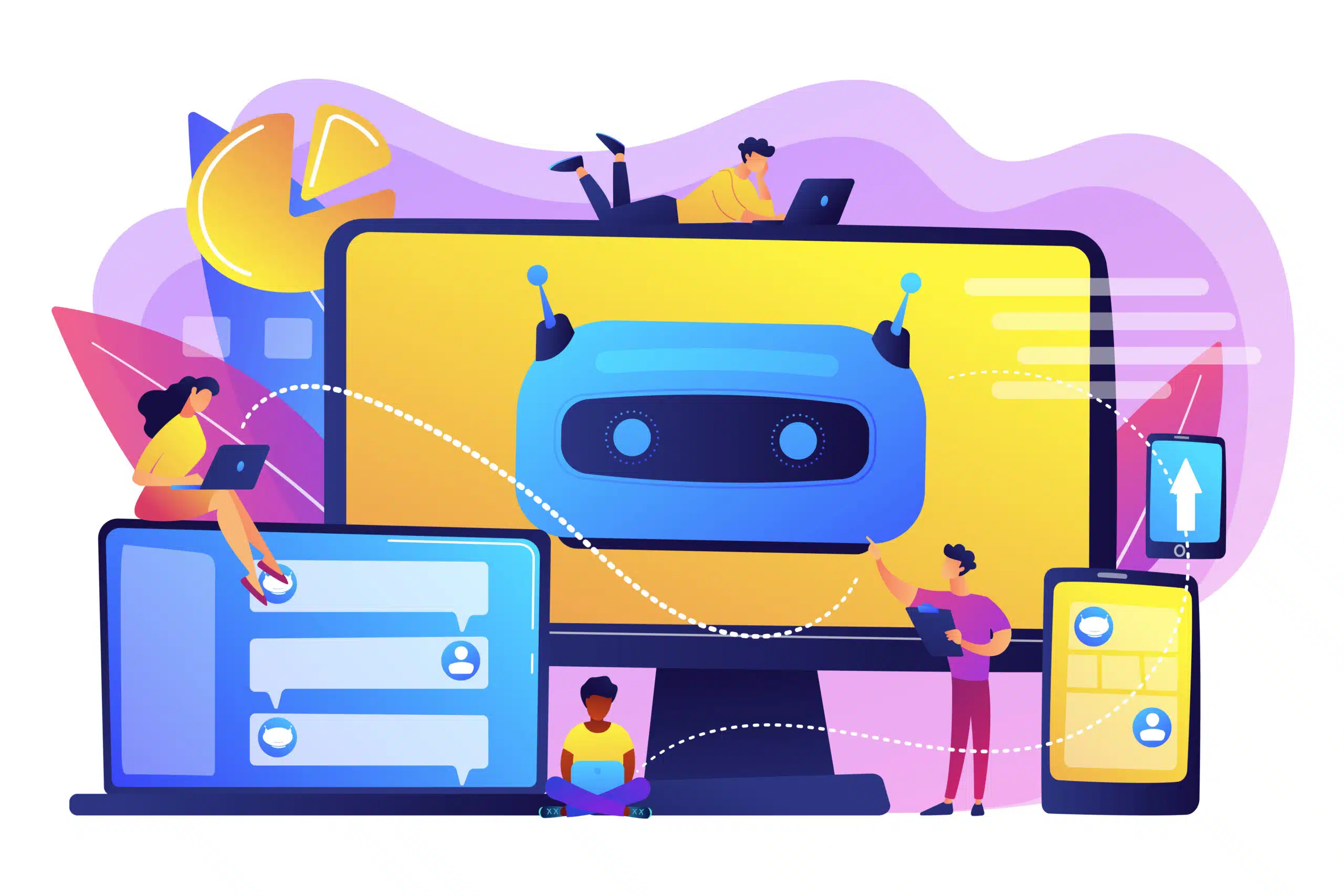 Developers building, testing and deploying chatbots on platforms. Chatbot platform, virtual assistant development, cross-platform chatbot concept. Bright vibrant violet vector isolated illustration