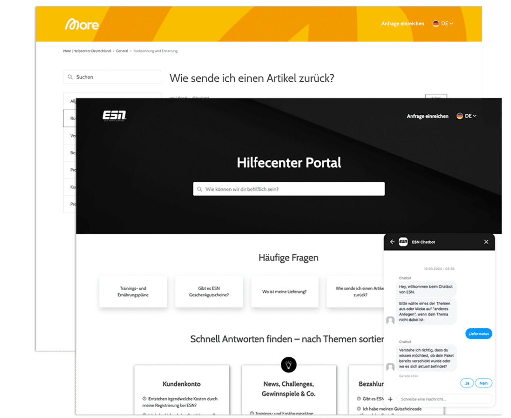 Zendesk Helpcenter Design More Nutrition, ESN. Reduktion der Erstantwort durch Self Service
