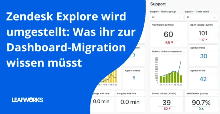 Illustration zu Zendesk Dashboard-Migration: Beraterin zeigt Team neue Report-Ansicht im Builder