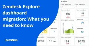 Illustration of Zendesk dashboard migration: consultant presents new report view to team in builder