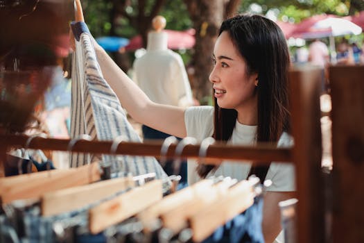 Young Asian woman shopping at an outdoor market stall in the summer.